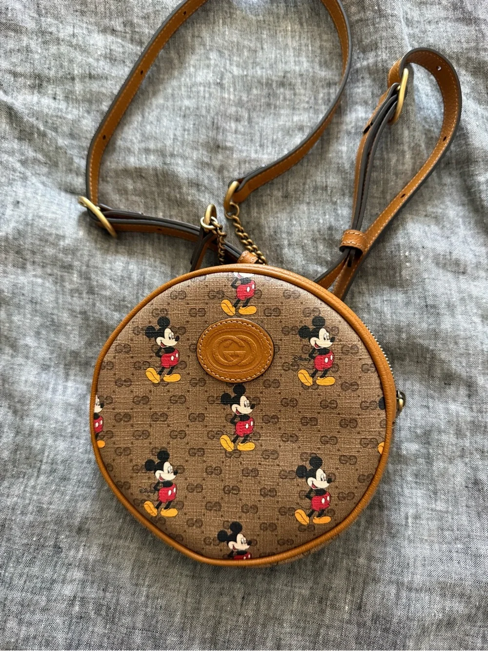 Gucci Brown/Tan Mickey Canvas Round Crossbody Bag